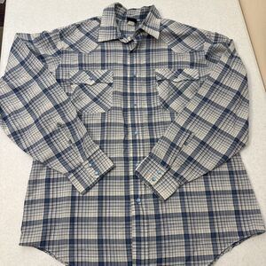 Vintage Levis Western Pearl Snap Shirt mens Lg Blue Plaid Silver Check 70s 80s